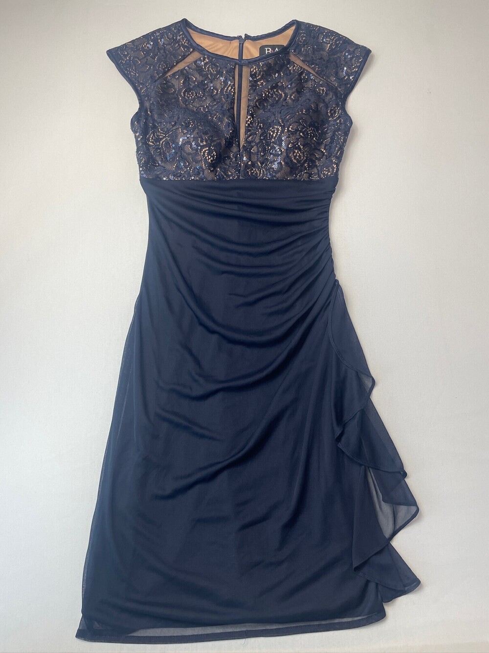B&A by Betsy & Adam Navy Sequin Lace Ruched Cocktail Dress Size 2 - Picture 2 of 9